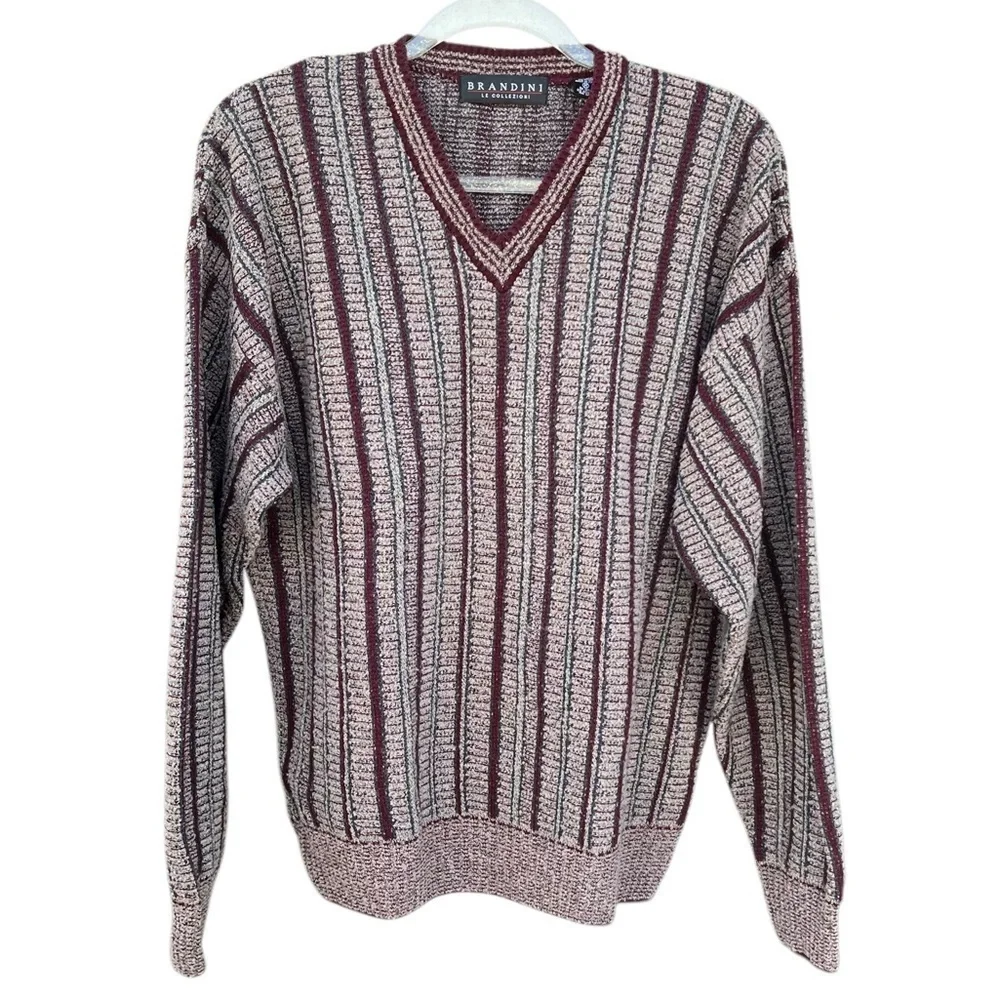 Vintage Brandini Knit Grandpa Sweater Striped V-Neck Long Sleeve Med Italy GUC